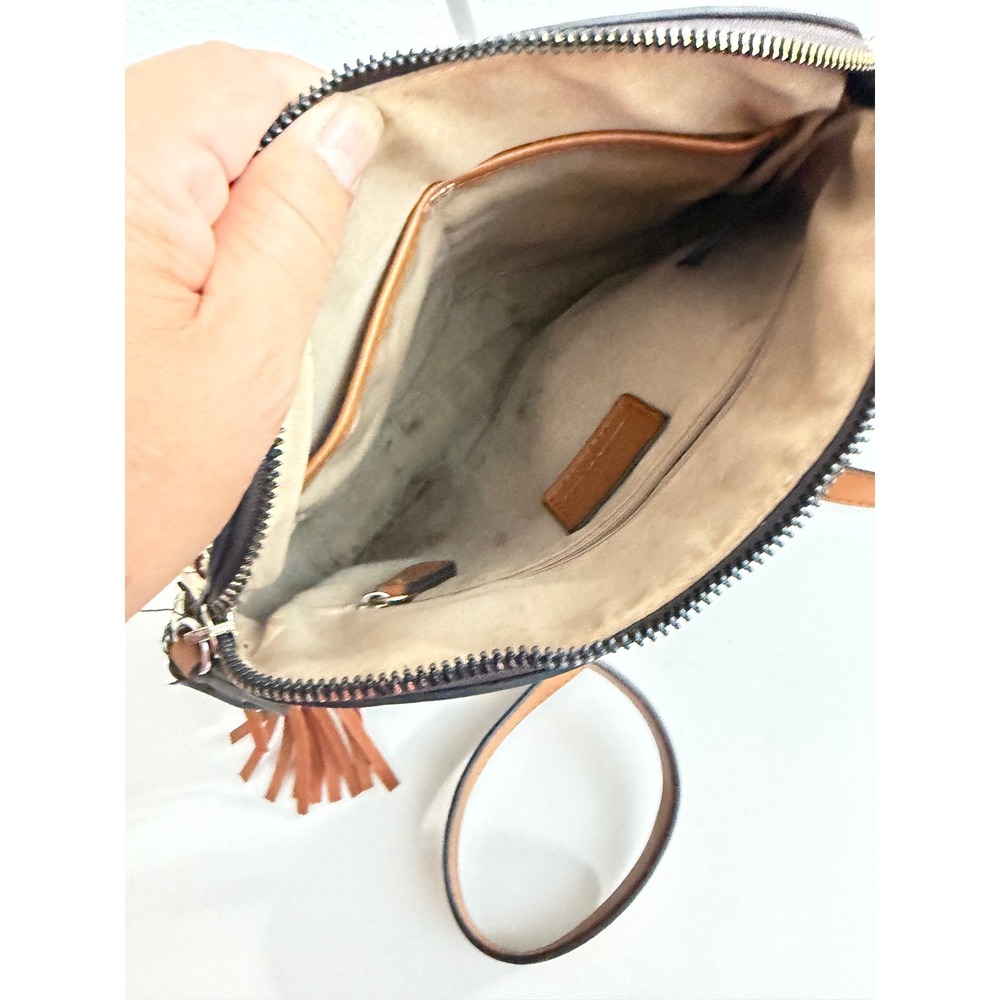 Nanette Lepore Brown Monogram Crossbody Bag Tassel Detail Tan Trim Gold Hardware - Picture 3 of 4